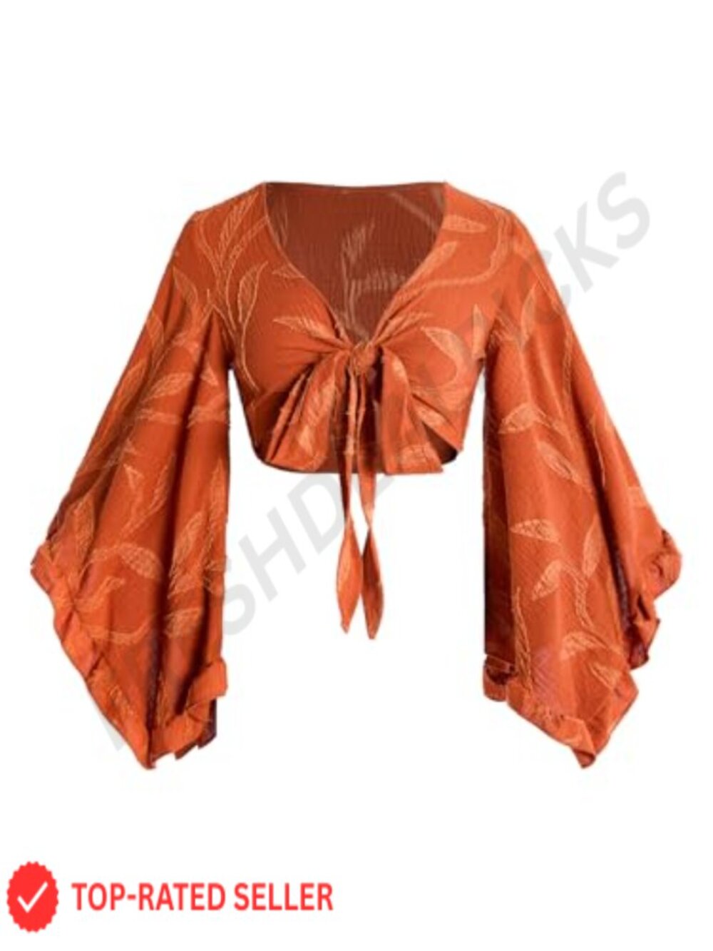 Boho Floral Bell Sleeve Tie Front Wrap Crop Top V-Neck Long Sleeve